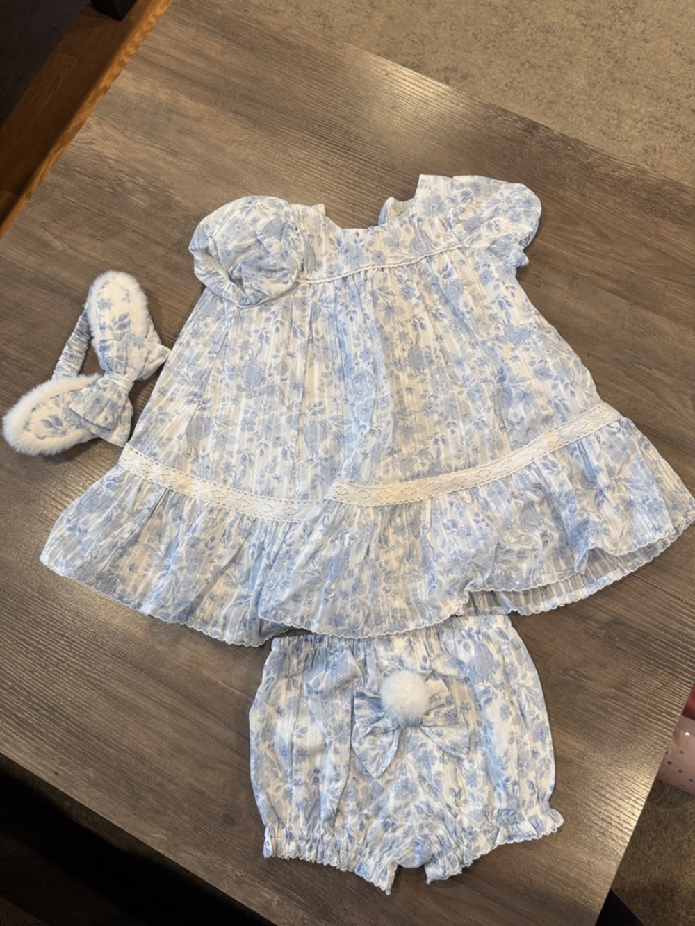 Blue Floral Baby Dress Set with Pom Pom Bloomers
